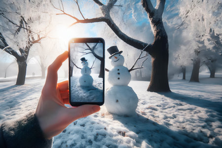 smartphone in the hands of a tourist taking a photo of a friendly snowman in a city park on a frosty winter day.の写真素材