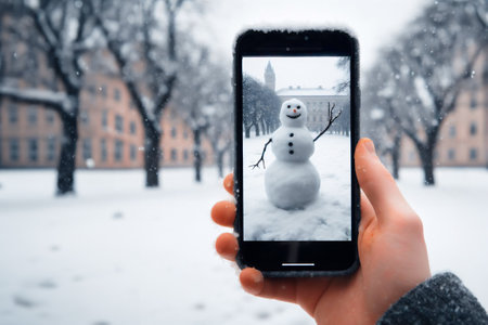 smartphone in the hands of a tourist taking a photo of a friendly snowman in a city park on a frosty winter day.の写真素材