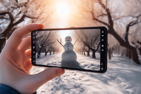 smartphone in the hands of a tourist taking a photo of a friendly snowman in a city park on a frosty winter day.の写真素材
