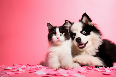 Portrait of a kitten and Siberian Husky puppy on a pink background with hearts taking a selfie for Valentine's day.の写真素材