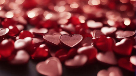 Background in red tones made of heart-shaped candies in soft focus for Valentine's Day.