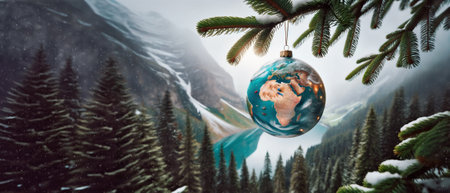 Christmas tree toy in the shape of a globe hangs on a Christmas tree branch against the backdrop of...
