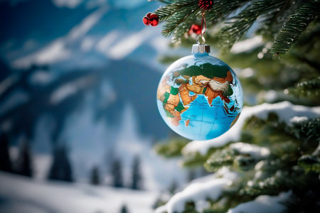 Christmas tree toy in the shape of a globe hangs on a Christmas tree branch against the backdrop of...