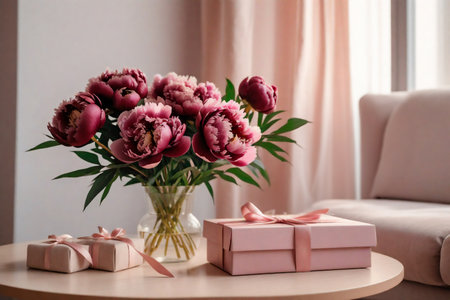 A bouquet of delicate pink and burgundy peonies and a gift box with a bow on a white table.の写真素材