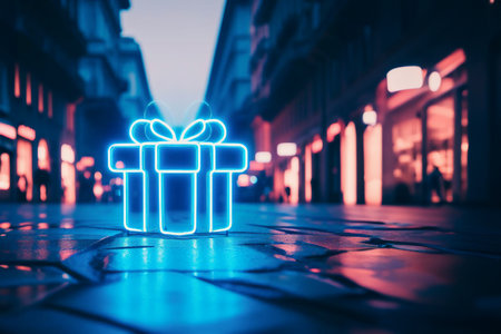 large neon blue glowing gift on background of a city street. advertising installation.の写真素材