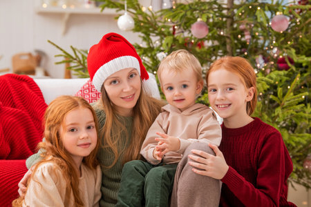 Merry Christmas and happy holidays. Family tea time. Mother and her daughter drink warm tea with Christmas cookies.の写真素材