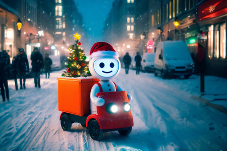 modern delivery robot drives down the street of a decorated Christmas snowy city carrying gifts and a Christmas tree.の写真素材