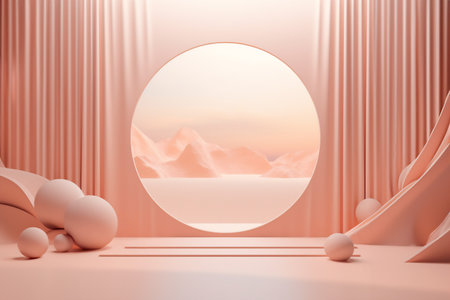 Minimal round podium in trendy peach fuzz color for product presentation background.