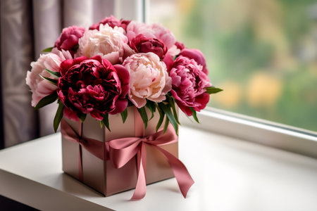 bouquet of delicate pink and burgundy peonies on windowsill.の写真素材