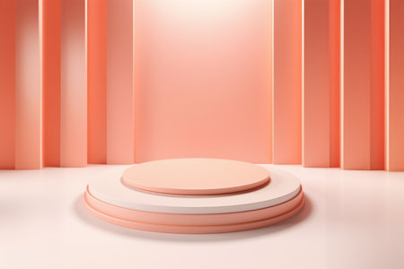 Minimal round podium in trendy peach fuzz color for product presentation background.の写真素材