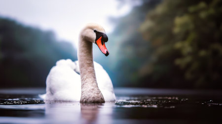 swan on blue lake water in sunny day, swans on pond, nature seriesの素材