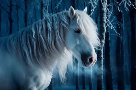 Portrait of a white horse with a mane covered with frost on a frosty moonlit night in the forest.の素材
