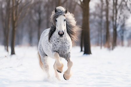 A dappled white-gray horse galloping through a winter forest on a winter day.