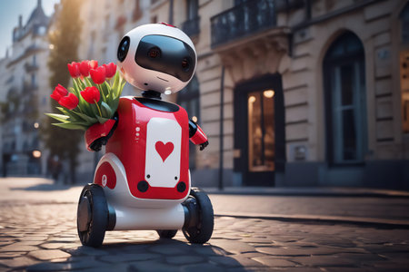 A delivery robot drives along a city street and delivers flowers and gifts for Valentine's Day or birthday.の素材