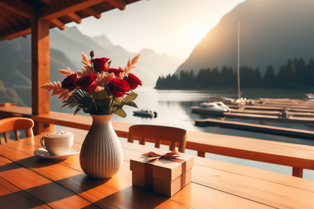 A gift box and a bouquet of red roses on a table in an outdoor cafe overlooking a lake in the mountains.の写真素材