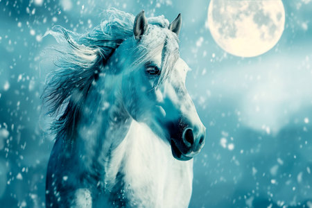 Portrait of a white horse with a mane covered with frost on a frosty moonlit night.の写真素材