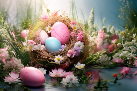 Beautiful pastel color Easter eggs and flowers in a basket with copy space. Colorful spring theme...