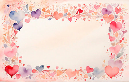 Background for a congratulatory letter with copy space in the center, delicate watercolor in the form of a frame of heartsの写真素材
