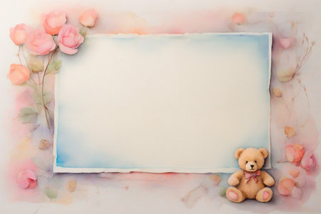 Background for a congratulatory letter with copy space in the center, delicate watercolor in the form of a frame of flowers with a teddy bear.の写真素材