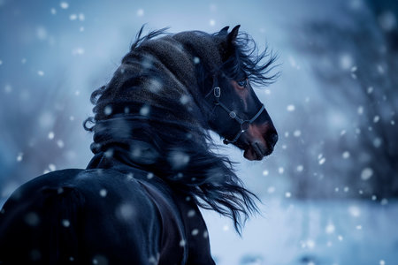 Portrait of a black Friesian stallion galloping through a snowy winter field.の写真素材