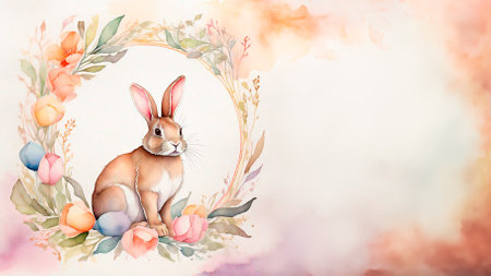 Background for congratulations on Easter with rabbits and a floral frame made using watercolor technique. copy space.の写真素材