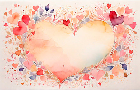 Background for a congratulatory letter with copy space in the center, delicate watercolor in the form of a frame of heartsの写真素材