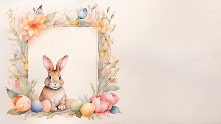 Background for congratulations on Easter with rabbits and a floral frame made using watercolor technique. copy space.の写真素材