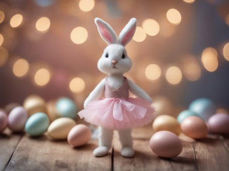 Easter fluffy bunny dressed as a ballerina in a tutu next to a basket of eggs, congratulations on Easter.の写真素材