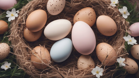 Beautiful pastel color Easter eggs and flowers in a basket with copy space. Colorful spring theme background.の写真素材