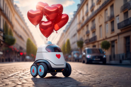 A delivery robot courier drives along a city street and carries gifts for Valentine's Day or Birthday and heart-shaped balloons.の写真素材