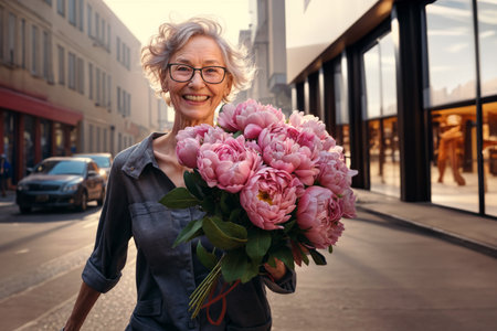 An elderly smiling woman with a lush bouquet of pink peonies walking along a city street.の素材