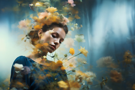 Fantasy portrait with double exposure, combining the profile of girl and spring flowers.の素材