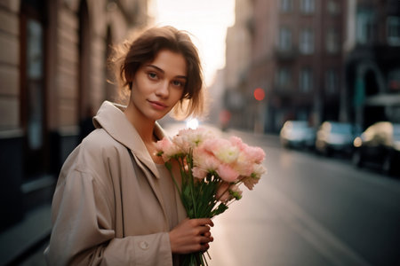 happy young woman with a bouquet of roses walks along a city street.の素材