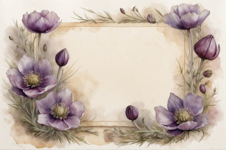 The background for a congratulatory or invitation letter is made in watercolor in the form of a frame of lilac anemone flowers in a vintage style.の写真素材