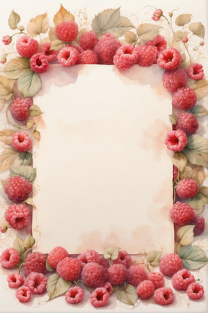 Frame of berries and raspberry leaves made in watercolor with copy space in the center. Banner, postcard. Beautiful business designの写真素材