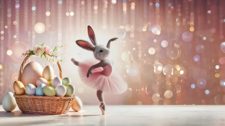 Easter fluffy bunny dressed as a ballerina in a tutu next to a basket of eggs, congratulations on Easter.の写真素材