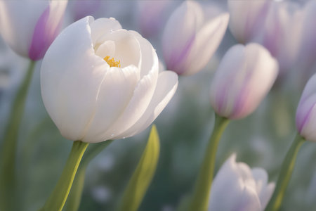 Beautiful tulip flowers background. Amazing view of pale pink tulip flowers blooming in a field at dawn.の写真素材