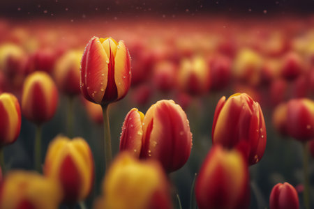 field of fresh mixed white, yellow, red, pink, orange, purple tulip flower.の写真素材