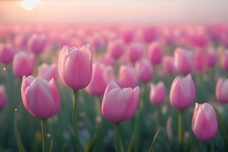 Beautiful background . Amazing view of pink tulip flowers blooming in fieldの写真素材
