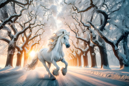 White horse galloping through the winter forest at dawnの写真素材