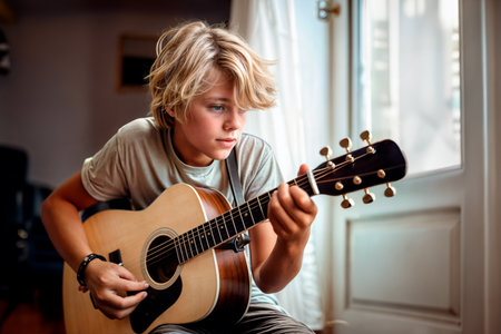 cute blond-haired teenage boy plays the guitar in the interior of a light room.の素材