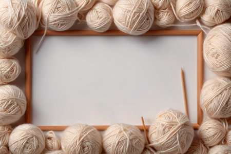 Template for an announcement, invitation or sale with copy space in the center and a frame made of wool or cotton yarn cups.の写真素材