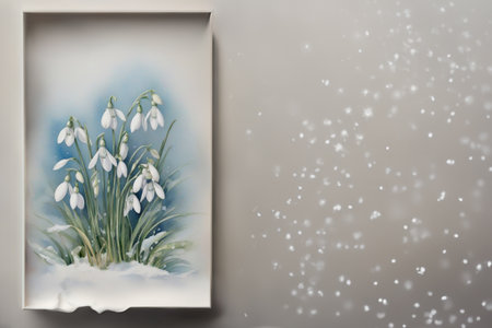 Background for a congratulatory letter made in watercolor in the form of a frame of snowdrops in a vintage style.の素材