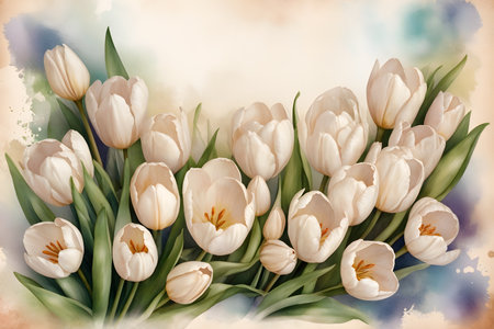 Background of tulips for congratulations or invitations with copy space in the center. Colorful floral wreath on a blue background. Wreath of tulips and other flowers.の写真素材
