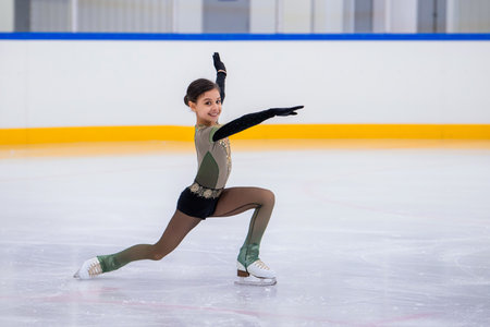 A young girl is skating on ice with a smile on her face. She is wearing a black outfit and is wearing glovesの写真素材