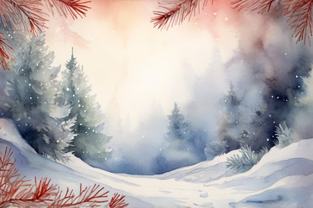 Watercolor Christmas frame with fir branches and place for text. Illustration for greeting cards and invitations, sheet for notes.の写真素材