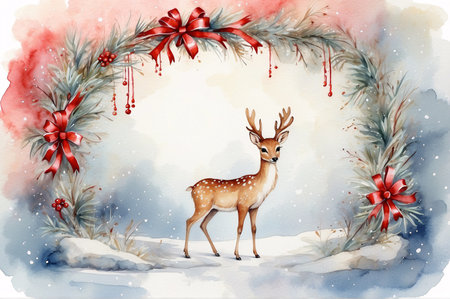 Children's Christmas card with deer, painted in watercolor. Template for congratulations, invitations.の写真素材
