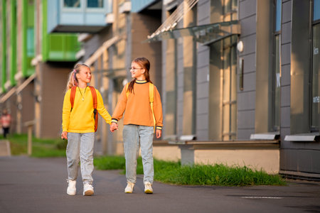 Two happy children walk to school with backpacks along a sunny city street. Concept of back to school, learning, friendship and childhood.の写真素材