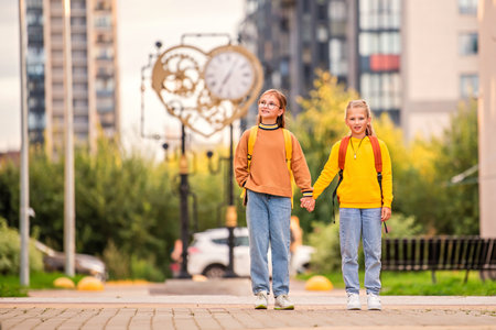 Two happy children walk to school with backpacks along a sunny city street. Concept of back to school, learning, friendship and childhood.の写真素材