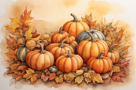 watercolor autumn frame. Autumn banner made of pumpkins and leaves on a beige background with copy space. Ideal for Thanksgiving decoration, Harvest Day greeting cards, Halloween.の写真素材